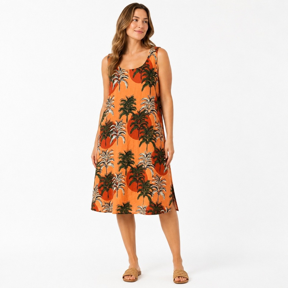 Nicole Miller New York Linen Tropical Palm‎ Dress Womens Large Orange Shift Boho